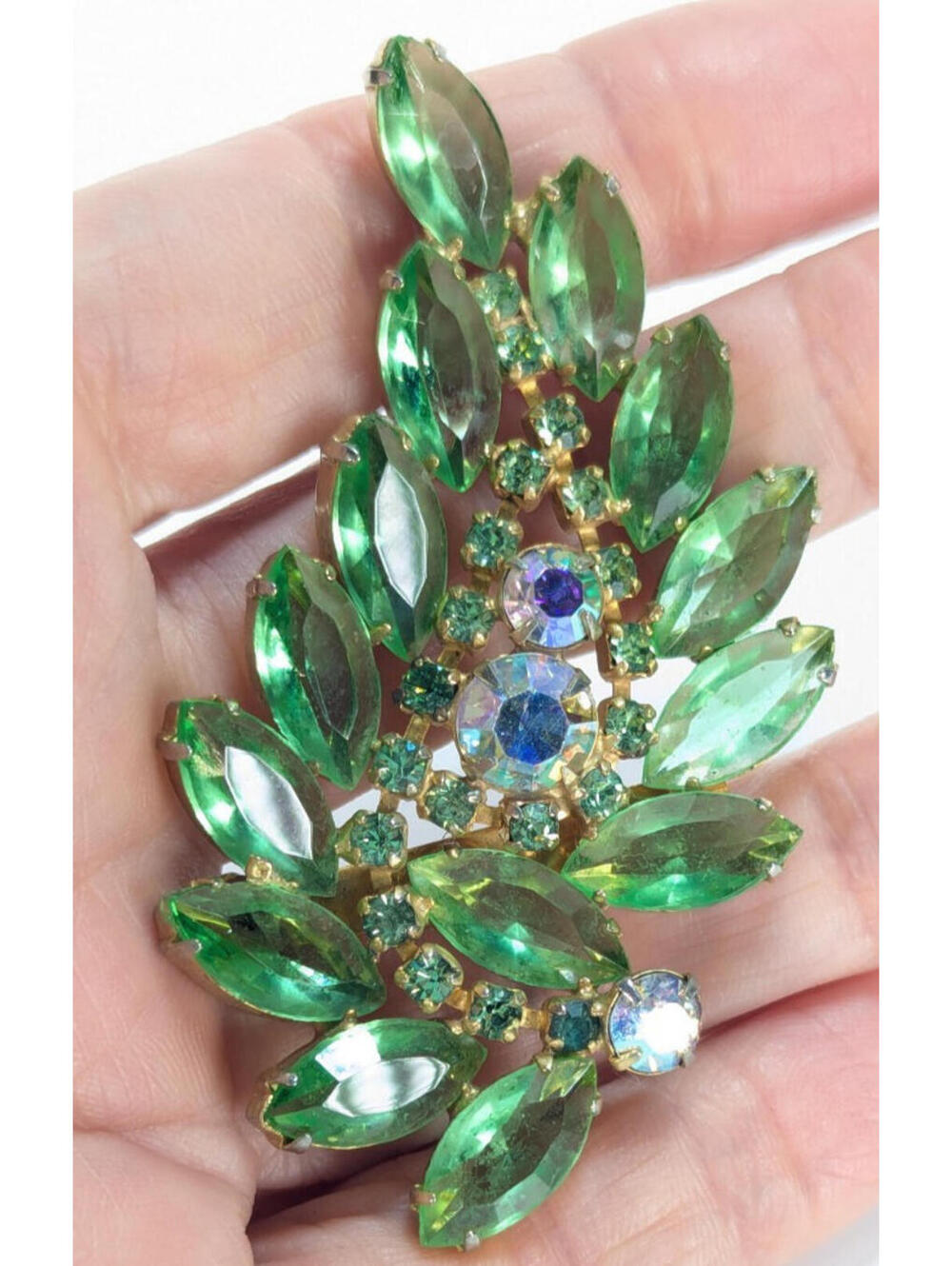 Juliana D&E Green Marquise Rhinestone AB Leaf Brooch Verified Puddler Solder